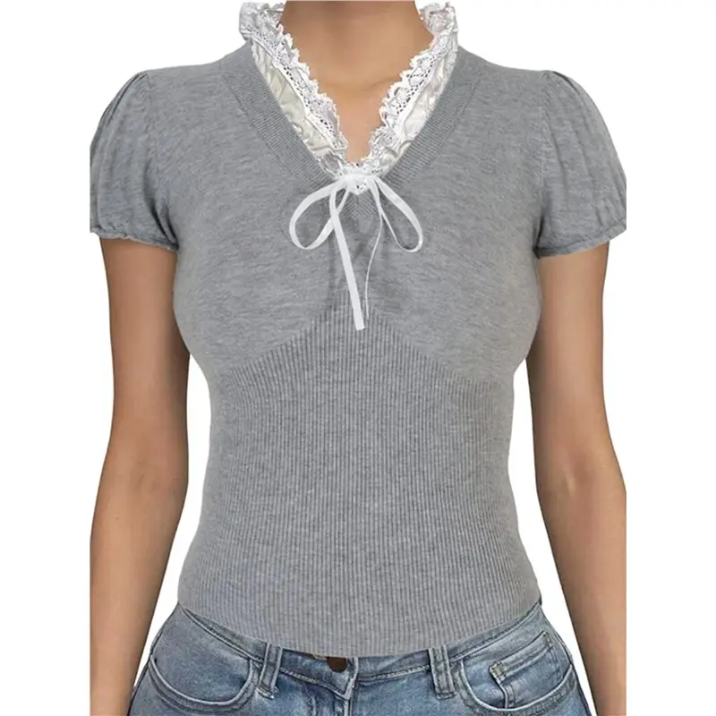 

NEW-Women's V Neck White Lace Trim Ribbon Tie Puff Short Sleeve Slimming Ribbed Knit Top