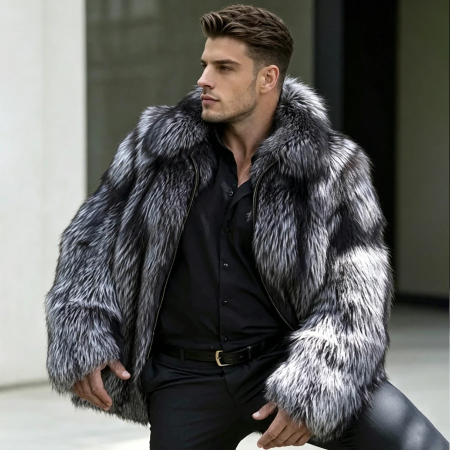 Real Silver Fox Fur Jacket With Collar Natural Fox Fur Full Skin Jacket Furry Jacket Best Selling Men's Winter Jacket