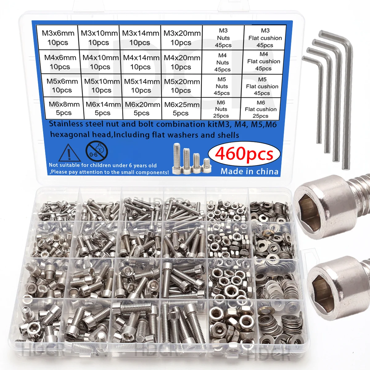 460 peças - Parafusos de cabeça cilíndrica M3 M4 M5 M6, parafusos de cabeça cilíndrica em aço inoxidável, conjunto de porcas e arruelas, para reparos domésticos DIY.
