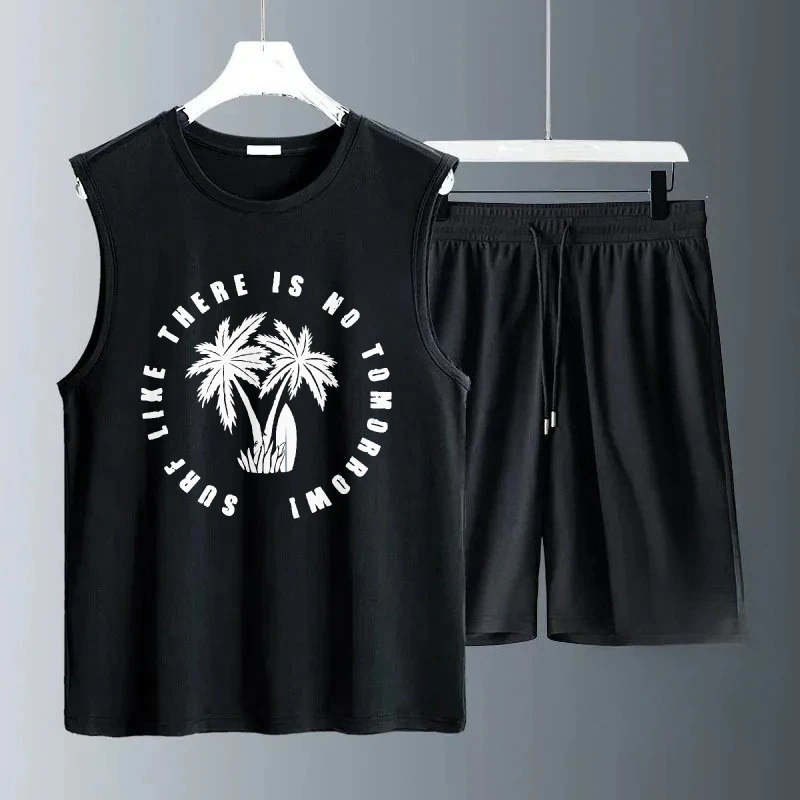 2025 الرجال الصيف بلا أكمام شجرة جوز الهند طباعة مجموعات عادية تنفس الزي اليومي مريحة المألوف الفاخرة الرجال الملابس