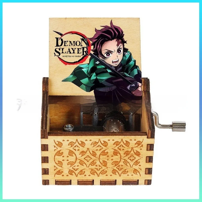 Animation Demon Slayer Wooden Music Box Color Printing Hand Cranked Eight Tone Birthday Gift Laser Carving Ornaments Toy Couple