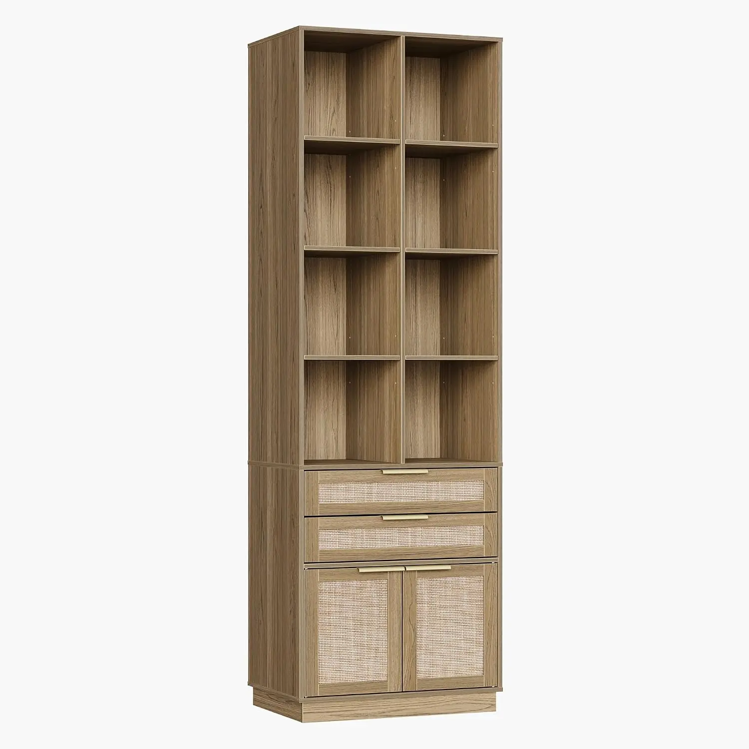 73'' Rattan Bookshelf with Doors & 2 Drawers, Tall Wood Bookcase, 4-Tier Adjustable Shelves, 8 Cubes, Modern Storage, Customized
