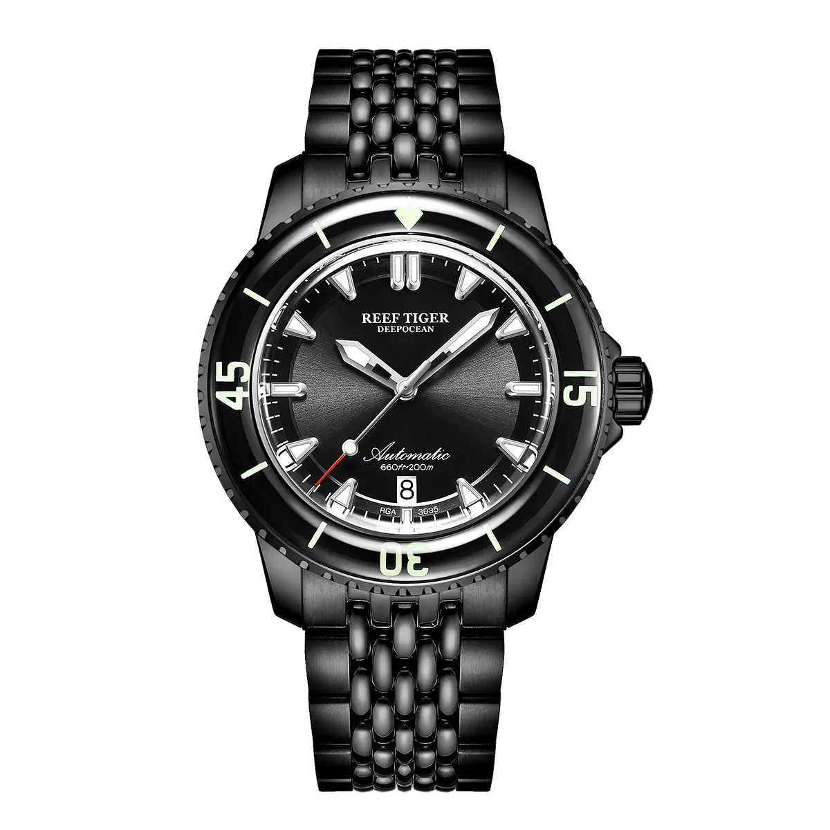 Reef Tiger Men\'s Diving Sports Watch Automatic Mechanical Wristwatch Stainless Steel Strap Date Luminous Sapphire Enter-Seconds