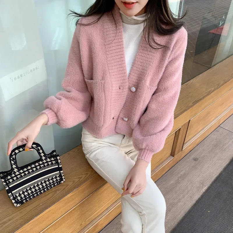 Nieuwe herfst winter korte V-hals gebreid vest voor dames imitatie nertsen losse verdikte trui jas