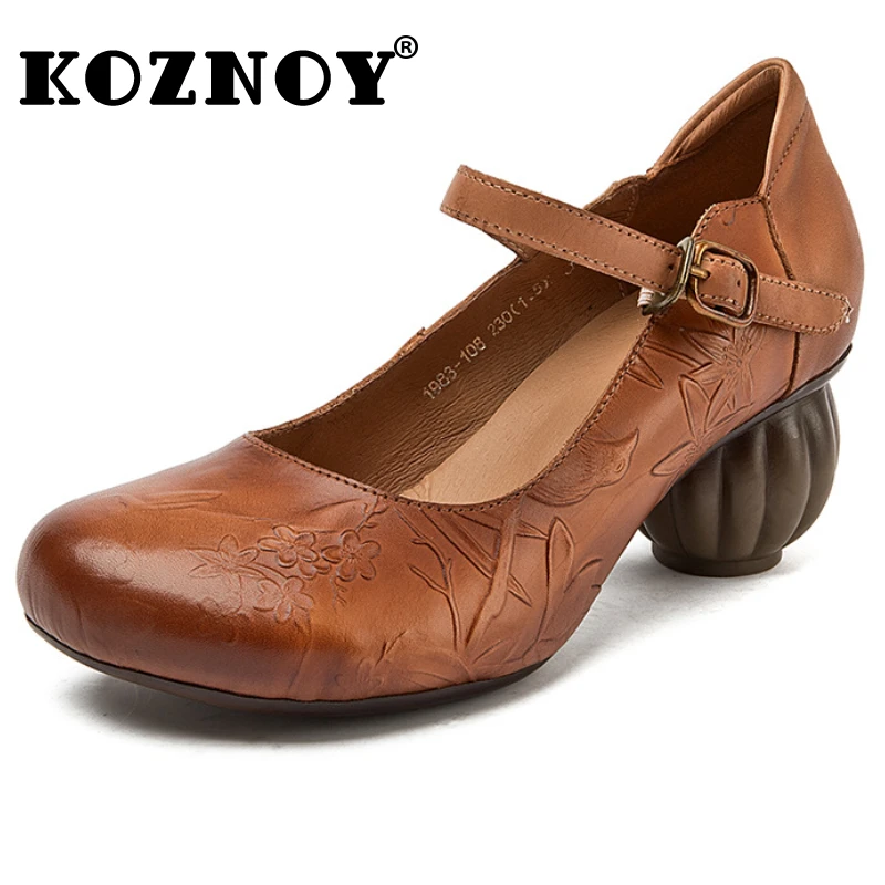 

Koznoy 5.5cm Natural Cow Genuine Leather Platform Wedge Buckle Women Chunky Heels Female Round Toe Pumps Moccasins Ladies Shoes