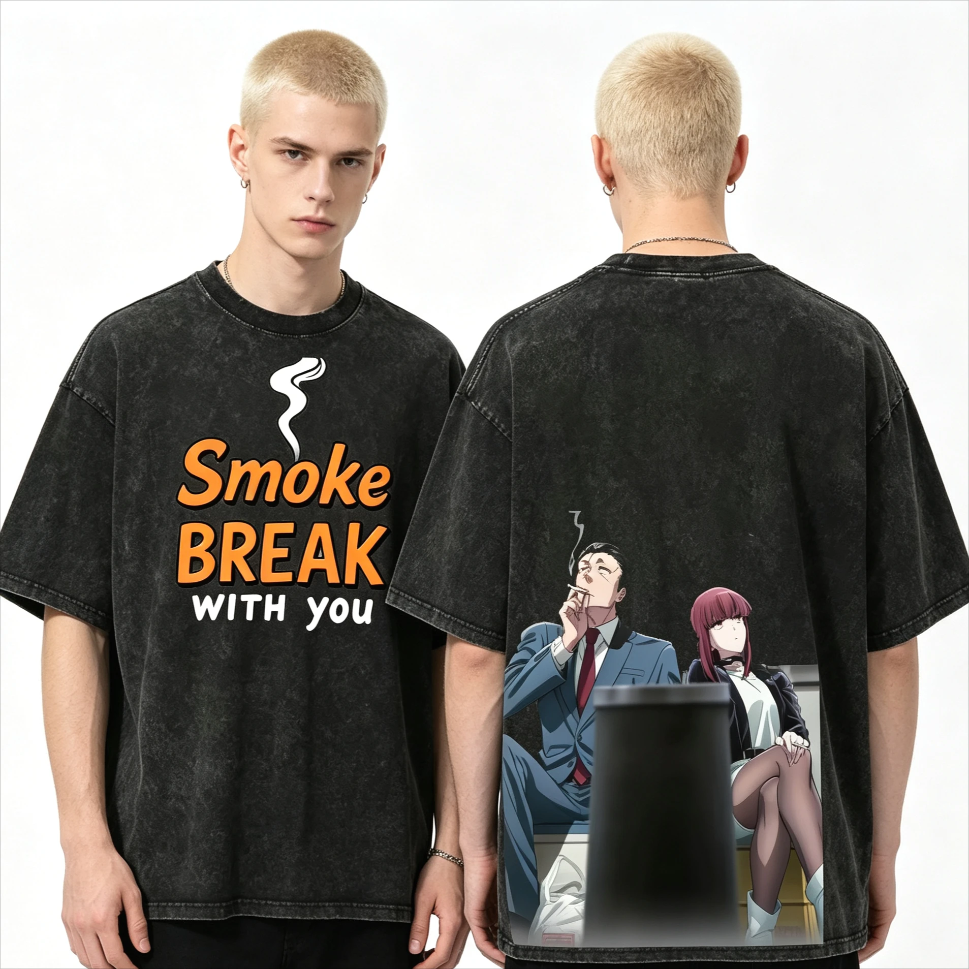 Hot Sale Anime Sasaki Yamada Smoking Behind The Supermarket with You Wash T Shirt Y2K Unisex Gothic Cotton Oversized T-shirt