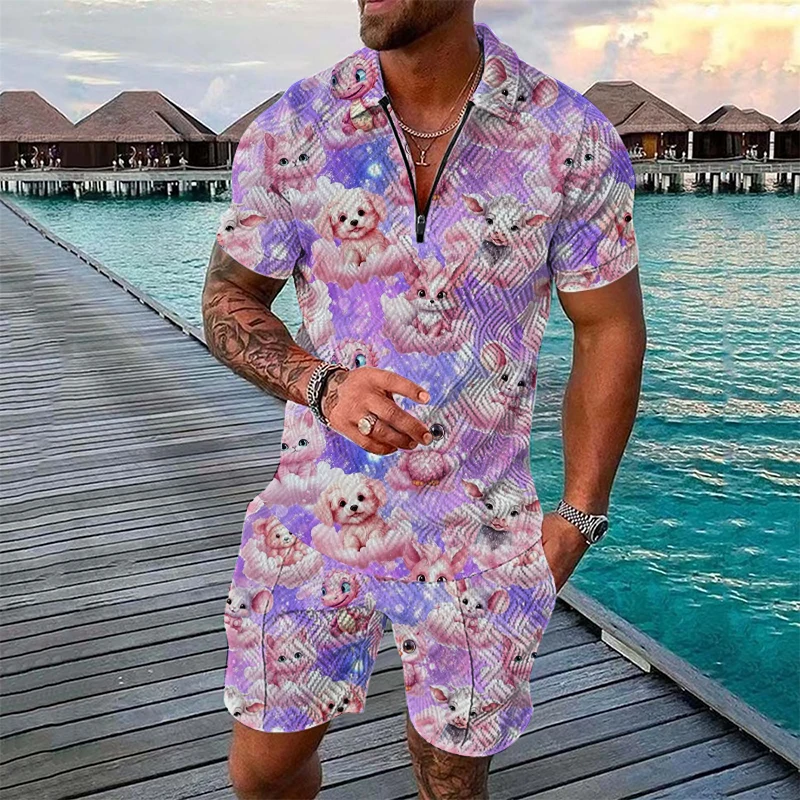 

Lion And Tiger 3d Print short sleeve zipper Polo Shirt +Shorts Set Lightweight Hawaiian Shirt Two Pieces For Casual Vacation Set