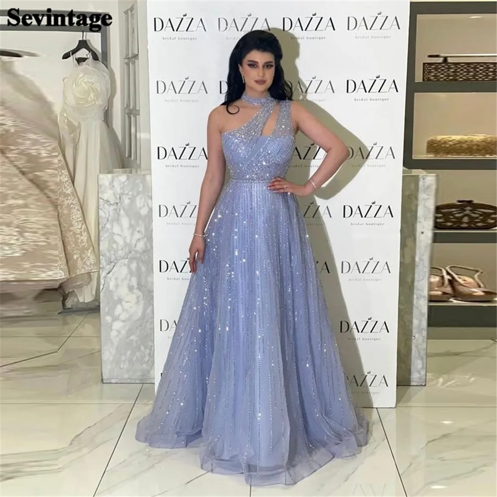 Sevrothic-brilhante um ombro Halter Backless Prom vestidos para mulheres, céu azul, roupas árabe saudita, dignificado e saudita