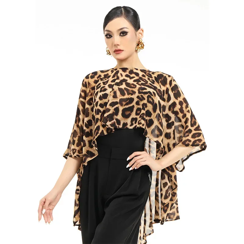 New Latin Dance Tops Leopard Mesh Irregular Smock Adult Women Ballroom Dance Clothing Waltz Dance Blouse Performace Wear NV21837