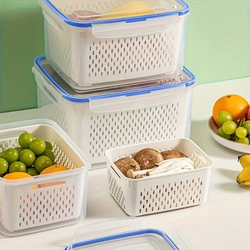 2pcs/set Plastic Bilayer Food Storage Boxes Refrigerator Fresh-keeping Vegetable Fruit Drainage Basket Kitchen Storage Container