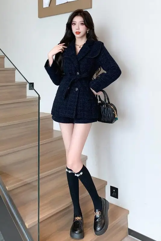 Autumn Winter Clothes Tweed Two Piece Pant Sets Women High Quality Vintage Notched Jacket Coat + Short 2 Piece Sets Lady Outfit