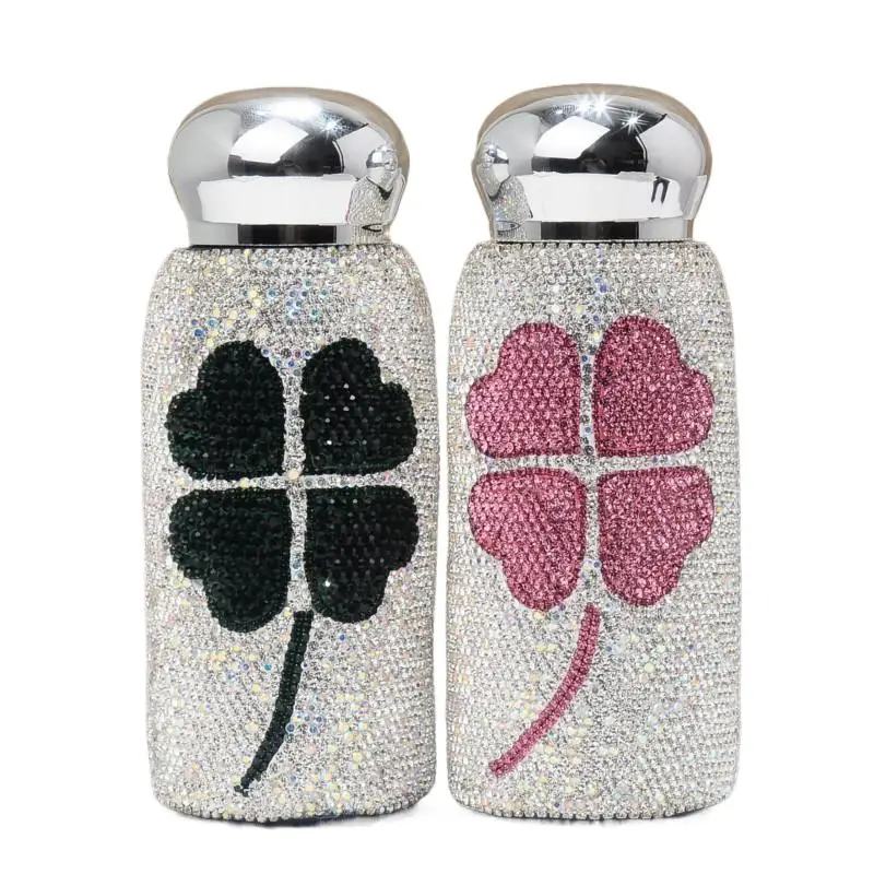 Rhinestone Clover Vaccum Portable Insulated Cup DIY Handcraft Shiny Mosaic Bling-bling Creative Luxury Gift For Girl Wife