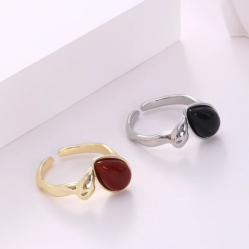 Water Drop Shaped Ruby Open Ring Black Agate Jewelry Simple Shape With Accessories For Party Alive And Walk