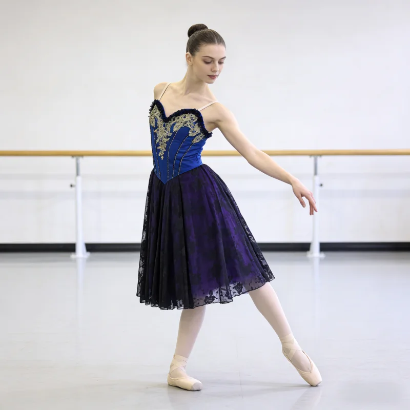 Thin Strap Heart Neck Ballet Performance Dress Gold Vine Embroidery Contrast Floral Lace Flared Short Skirt Dancewear Suitable F