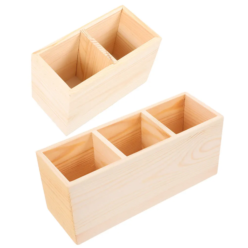 

2 Pcs Wooden Storage Box Desktop Stationery Organizer Decorative Pen Holder Marker Brush Container Holders Pine Fountain for