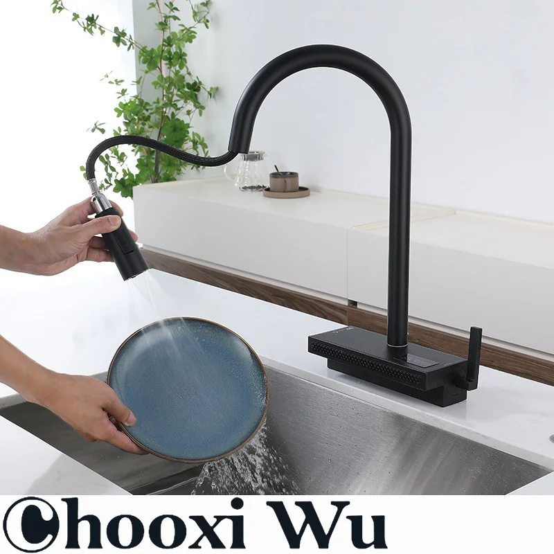 

CHOO XIWU-Kitchen single hole rain pull-out hot and cold water faucet rotatable vegetable sink digital display