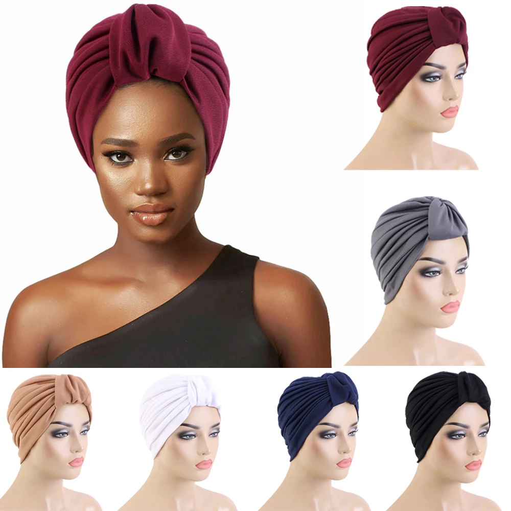 

Women Pleated Loop Turban Muslim Hijab African Headties Bonnet Chemo Cap Hair Loss Headscarf Bonnet Hat Nigeria Turbante Mujer