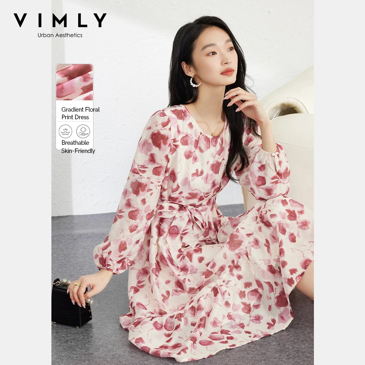 Vimly Women's Tea Floral Dress 2025 Autumn Puff Sleeves Smocked Waist Tie Belt Elegant Chic Vacation Petite Long Dress M2763