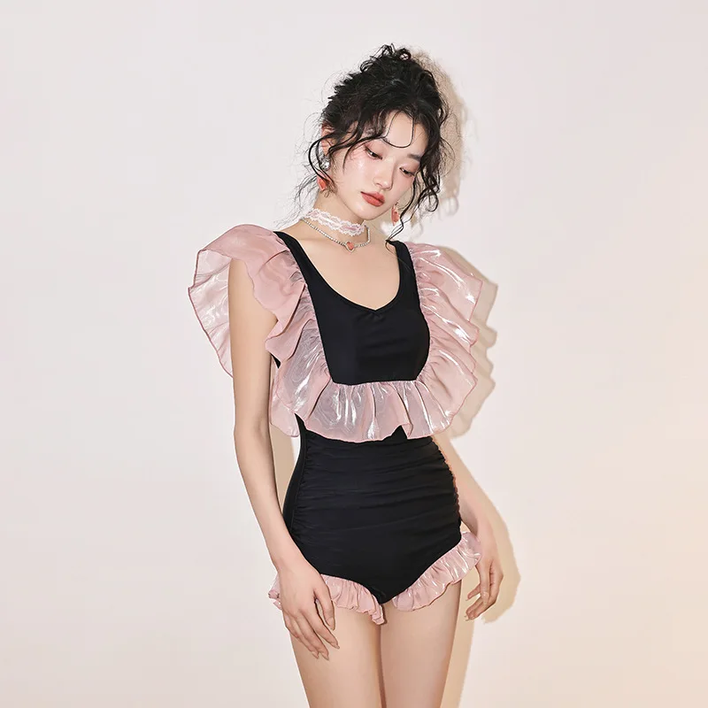 

New hot spring season one-piece cover belly slimming lotus leaf edge pink black U-neck swimsuit swimwear women skirt