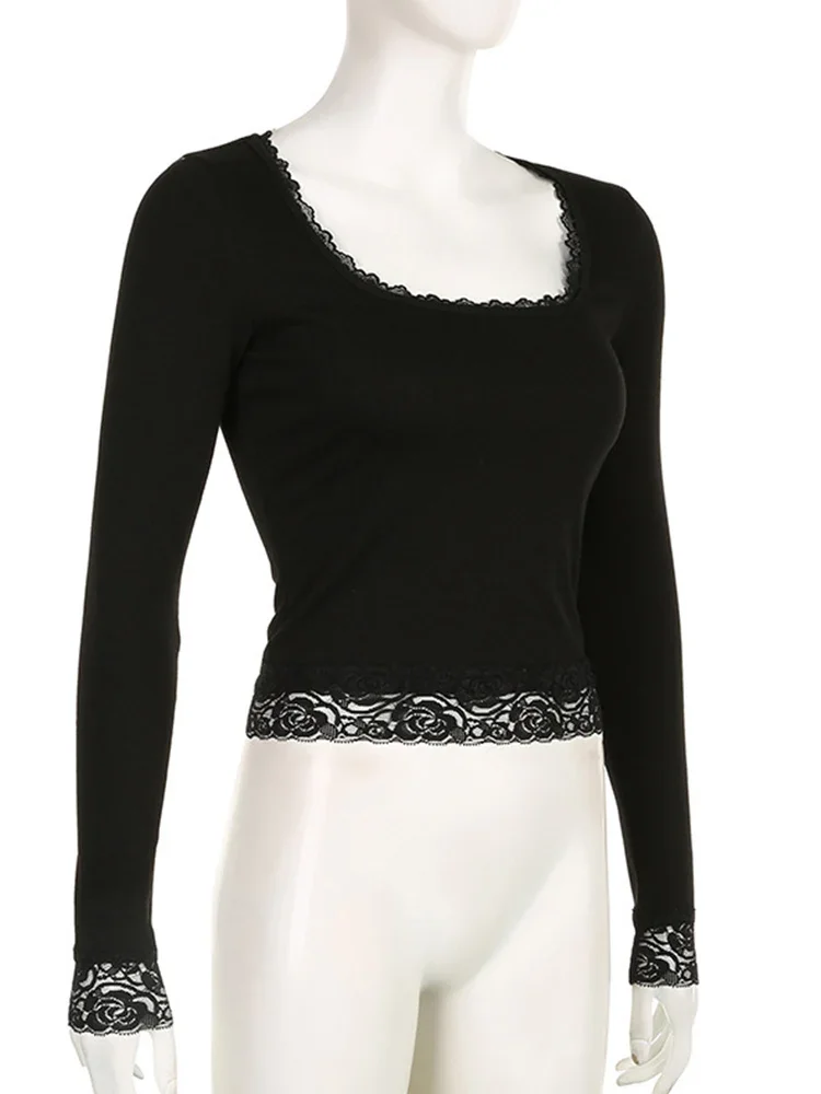 T-shirt grafica anni 2000 Vintage Fata Grunge Donna Autunno Lace Trim Manica lunga Slim Adatto Top y2k Abbigliamento Basic Harajuku Tees