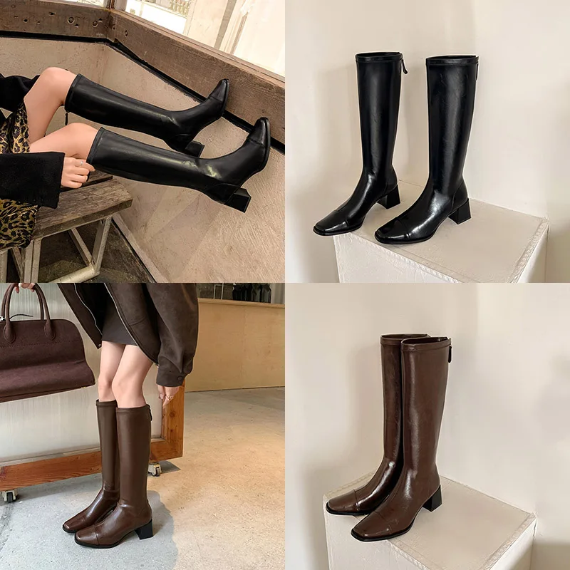 Women's Knee-High Faux Leather Boots Square Cap-Toe Mid Block Heel Rear Zip 2.17