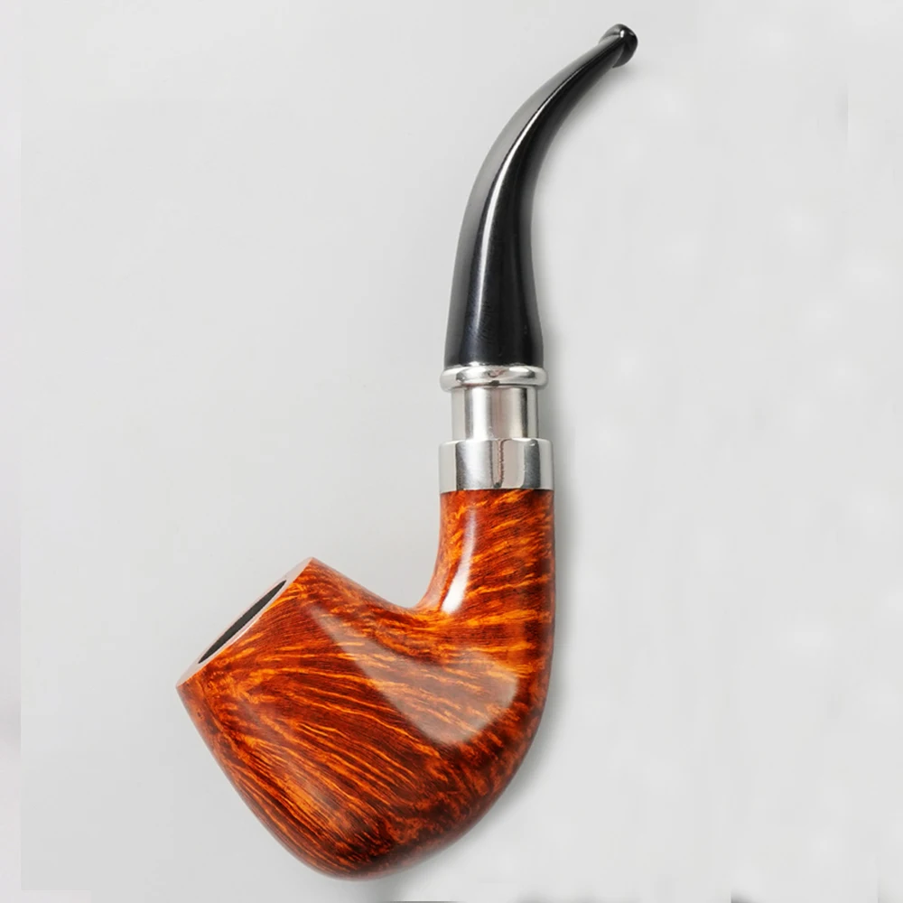 MUXIANG Briar Tobacco Pipe Curved Handle SherlocksHolmes Pipe Handle Briar Pipe 9mm Pipe Channel Silver Circle Decorative Ring