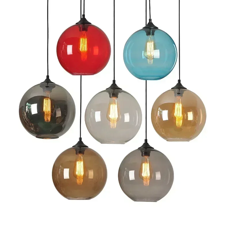 Simplicity 20/25cm Modern Glass Pendant Lamp Round Ball Chandelier Vintage Colorful Lights Dining  Living Room Decorative view 2