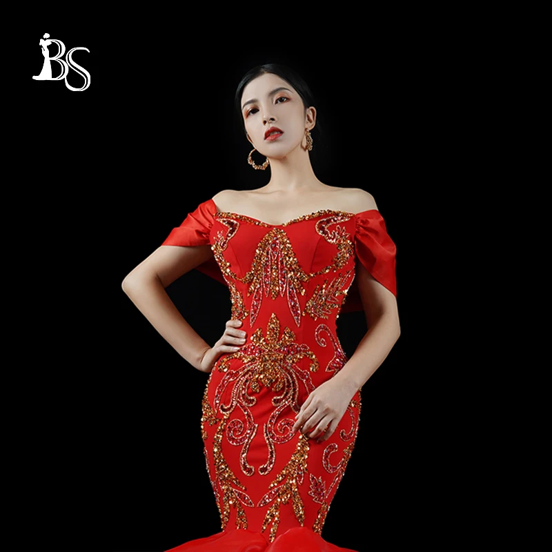 Baisha Luxury Red Evening Dress One Shoulder Golden Beaded Wedding Bride Dresses For Women Prom Formal Occasions H1610