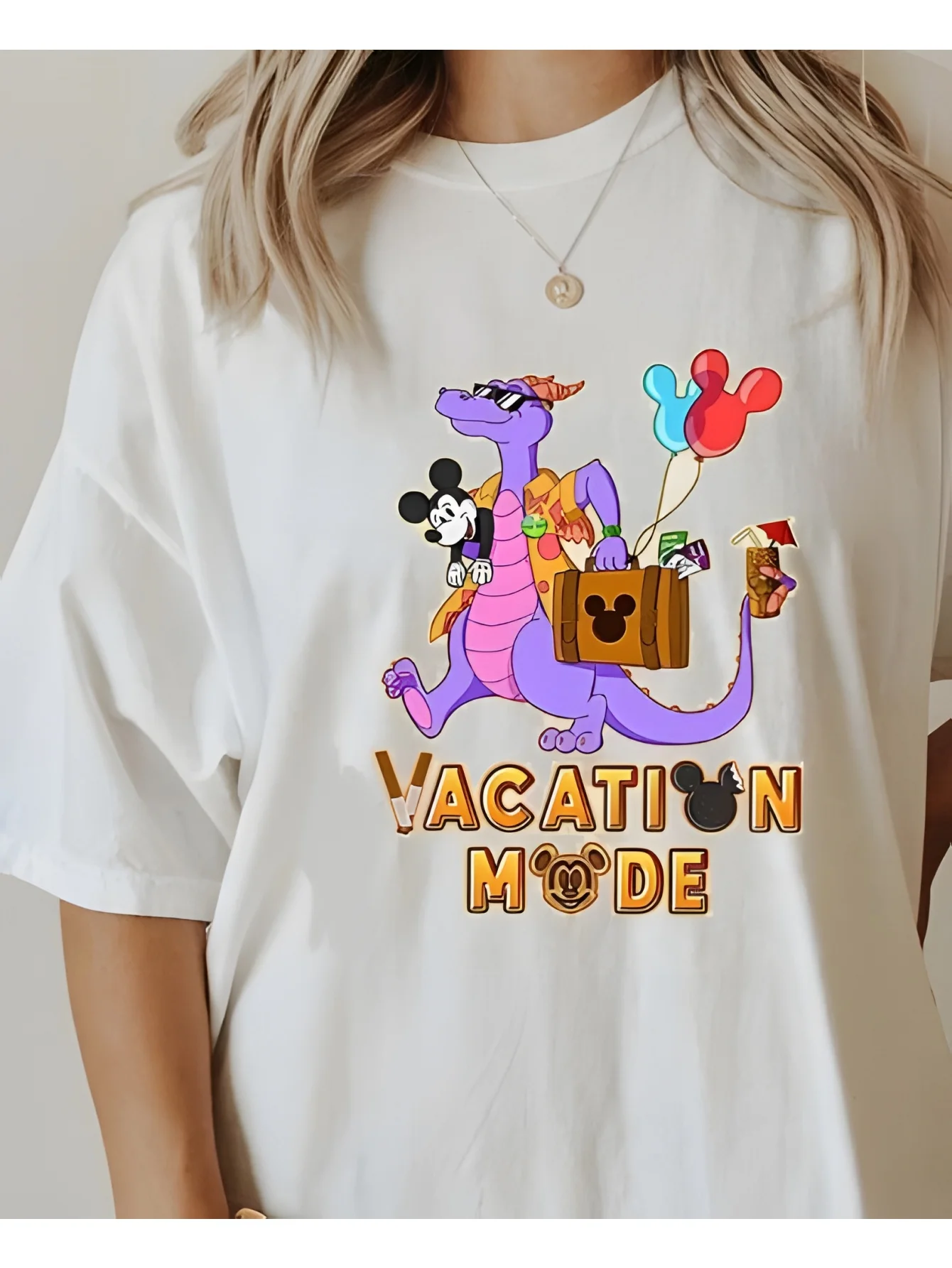 

Мужские и женские футболки Disney Figment Vacation Mode с короткими рукавами, милые, с воздушным шаром и свободными повседневными