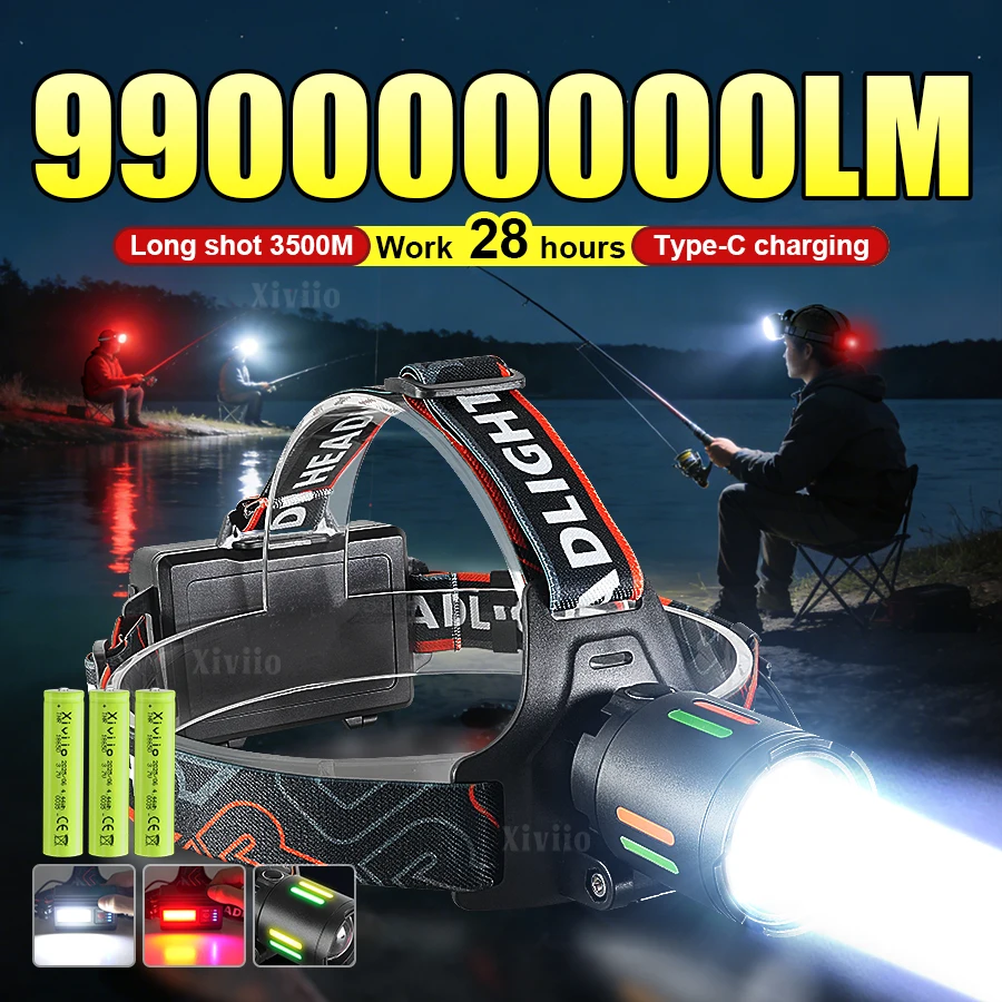 990000000LM Ultra Powerful LED Headlamp Super Bright Long Range 3500M Head Flashlight Rechargeable Head Lantern Fishing Hunting