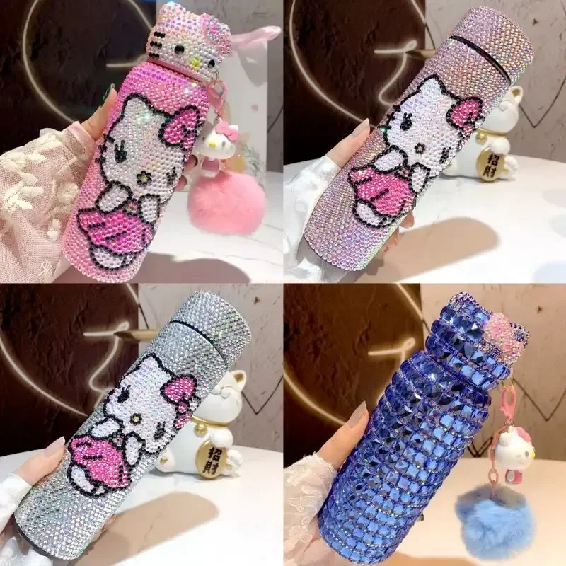 Sanrio Hello Kitty Thermos Cup Shiny Rhinestones Cup 304 Stainless Steel Cartoon Flash Cup Drill Girl Valentine's Day Gift