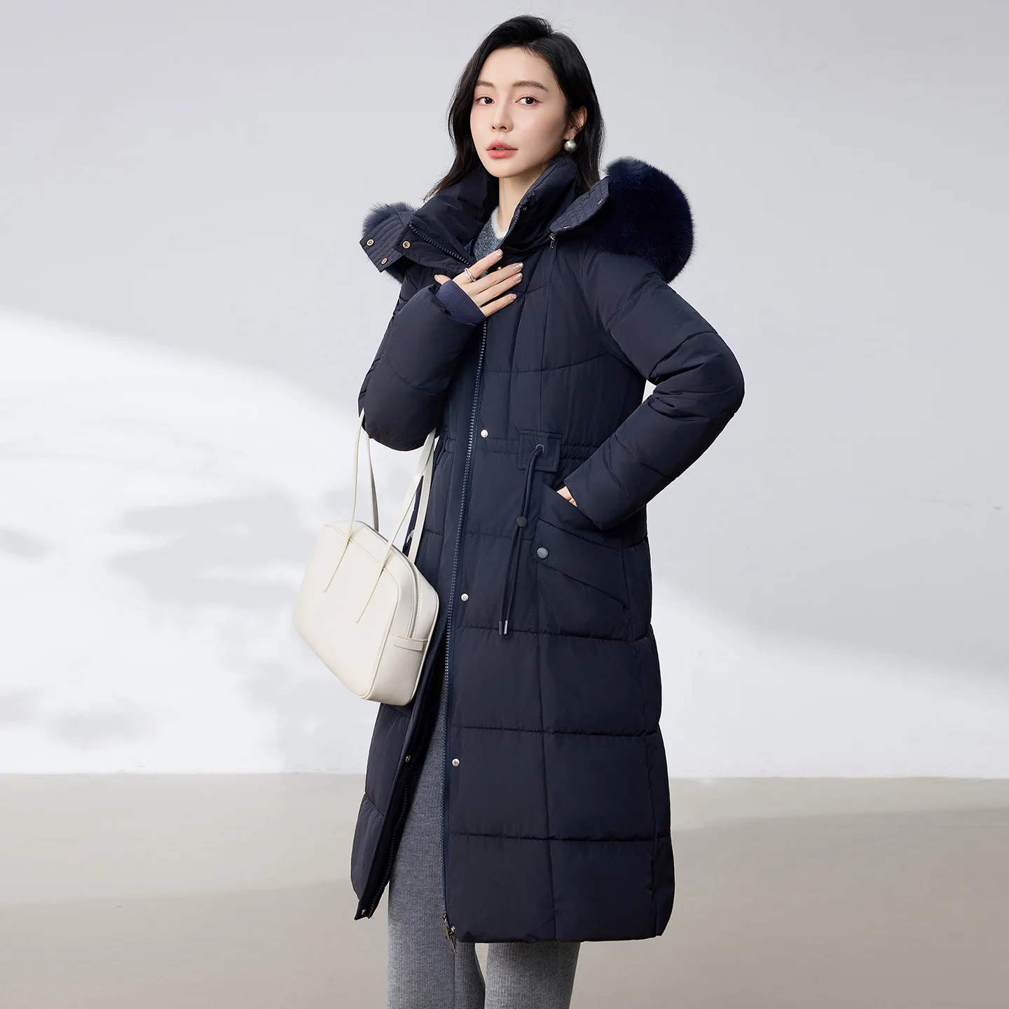 Ladies' Hooded Coat Autumn Winter Casual Warm Long Large Fur Collar Cotton Coat Over-the-Knee Loose Thickened Hooded Jacket
