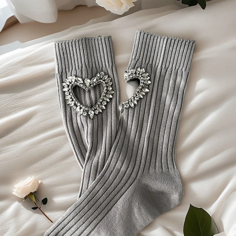 

3 Pair Decorative Rhinestone Hollow Heart Sock Women's Mid-Calf Double Needle Niche Design Hose Streetwear Fashion Socks