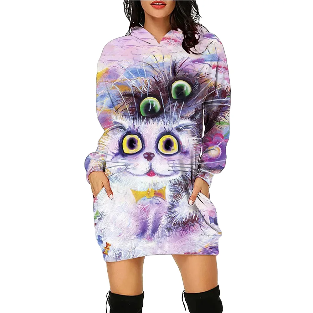 Pet Curtoon Cat Printed Hoodie Dress Women's Top Workout Sweatshirt Long Sleeve Pullover Autumn Winter Loose Tee Traf Vestidos