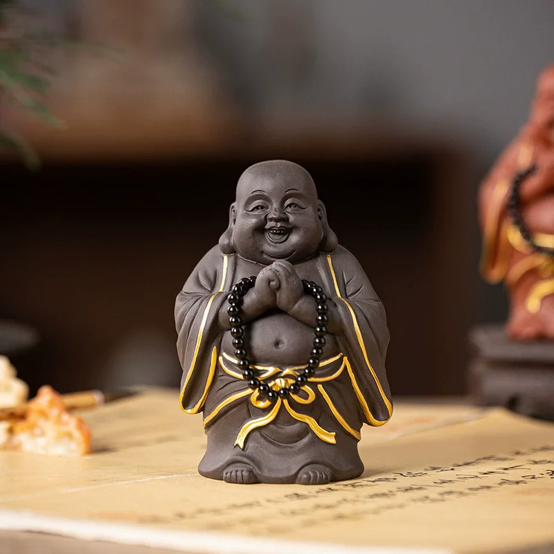 Happy Laughing Buddha Zisha Clay Tea Pet, Chinese Miler Fortune God Ornament for Tea Tray, Growable Desktop Decor for Good Luck view 3