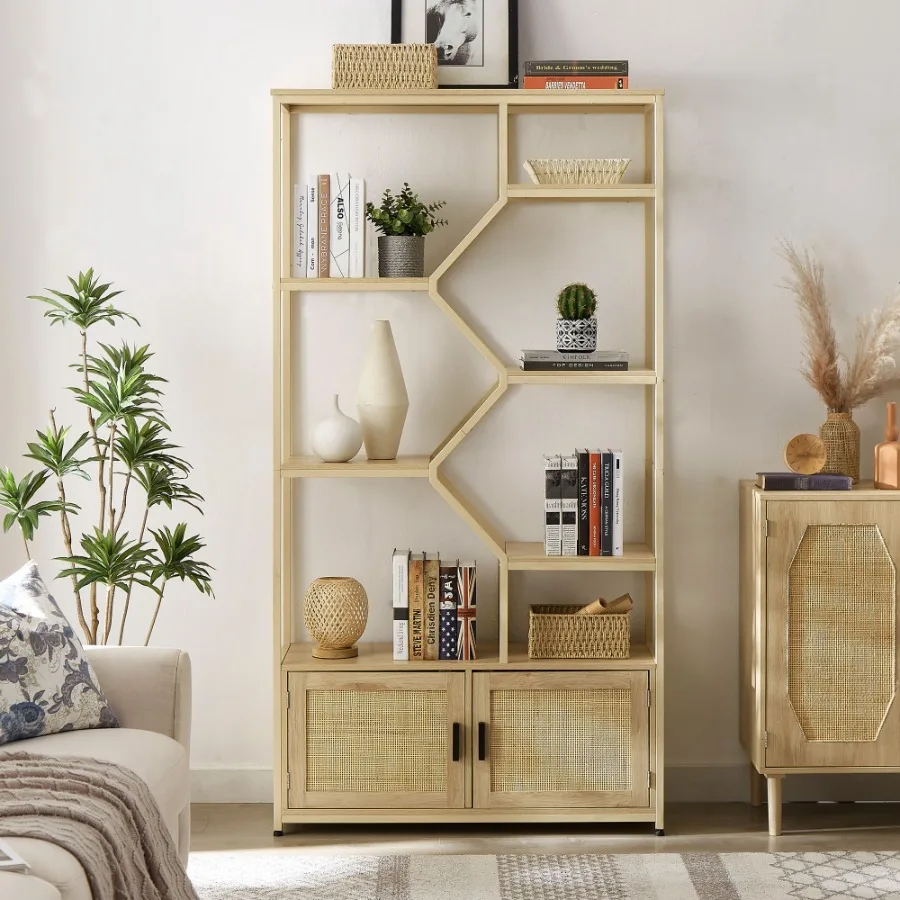 

Rattan bookshelf 5 tiers Bookcases Storage Rack with cabinet for Living Room Home Office
