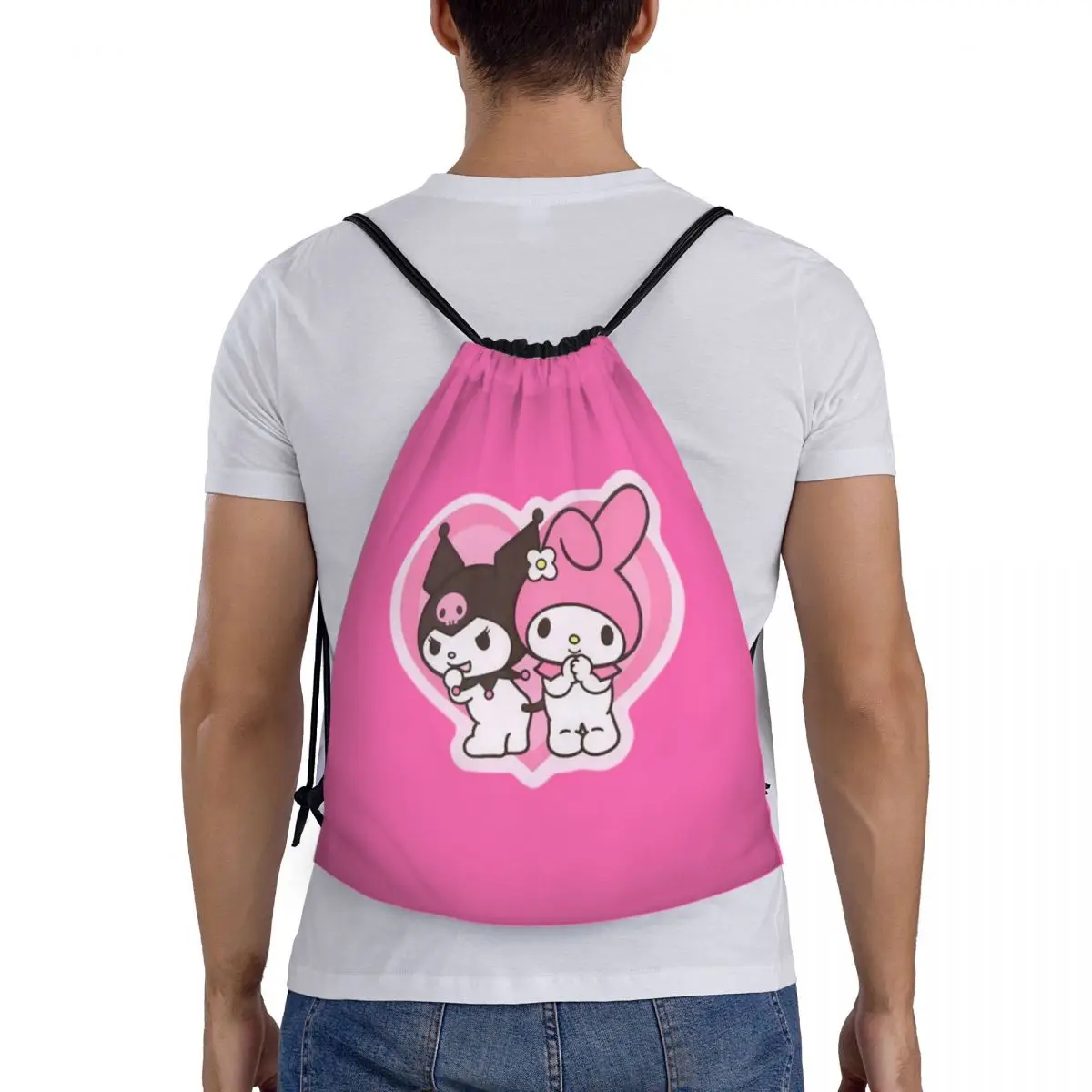 Bolsas con cordón personalizadas Melody Kuromi para amantes de los dibujos animados, mochilas portátiles para deportes y gimnasio para hombres y mujeres, mochilas de almacenamiento para compras