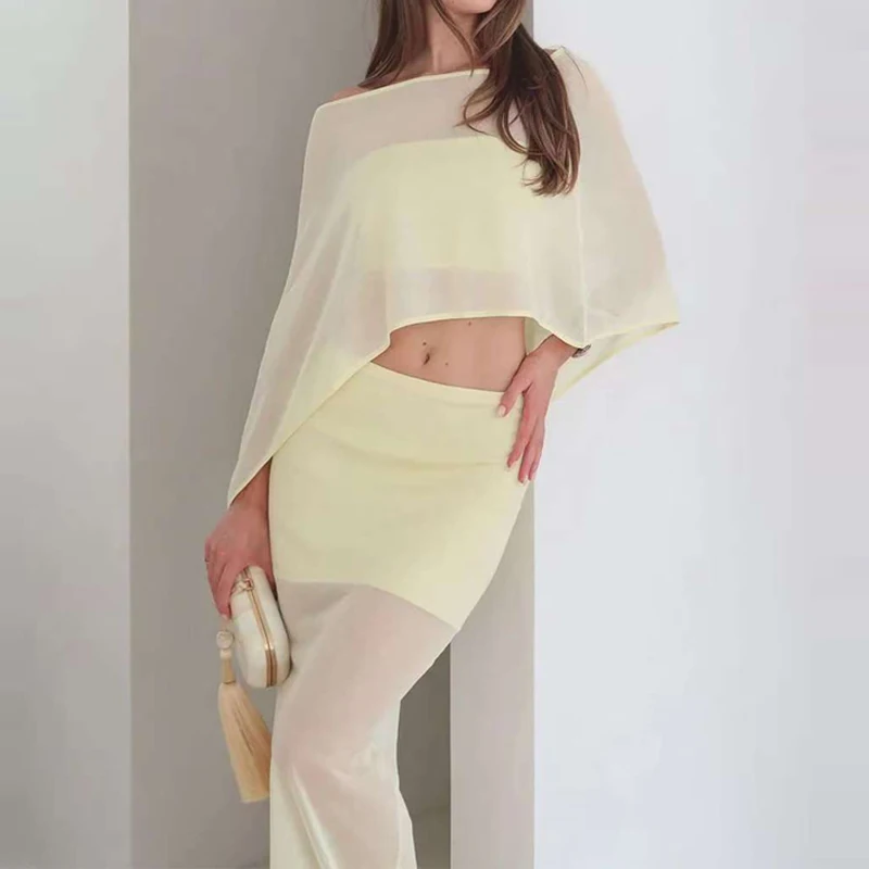 

Elegant Lady High Waist Hollow Skirts Sets Fashion Simple Vacation Outfits Casual Solid Slash Collar Tops&Half Skirts Beach Sets