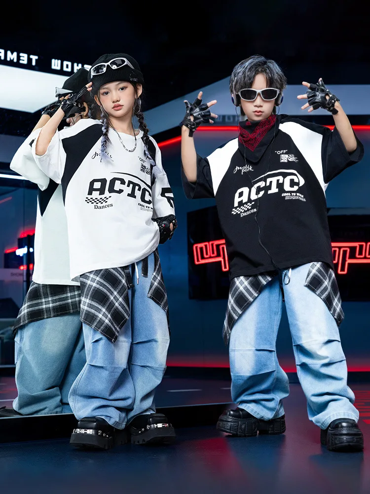 Girl Hip Hop Clothing White Tops Black T-shirt Blue Jeans Pants for Jazz Dance Kid Costume Clothes
