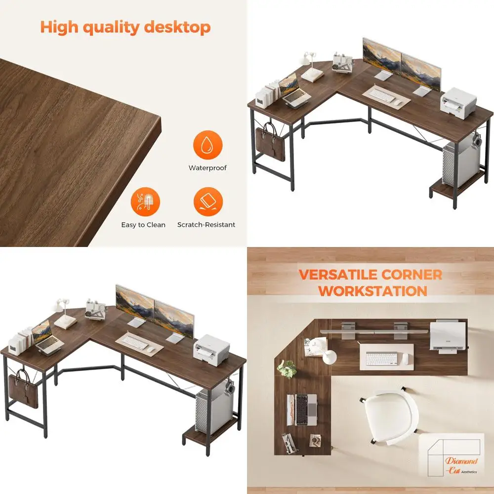 

50-дюймовый L-образный игровой стол с кабелями и крючками, идеально подходит для домашнего офиса и рабочего места в спальне, отделка под орех.