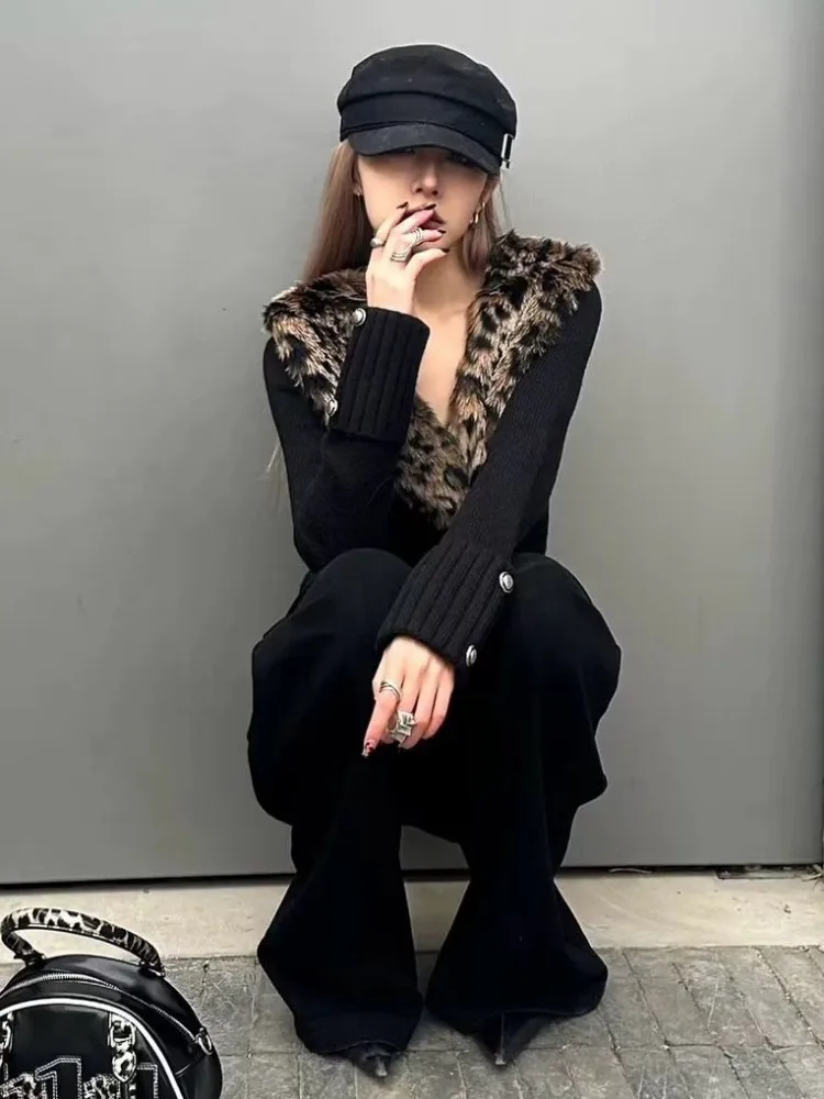 Detachable Leopard Print Fur Collar Tops Mujer Autumn Winter New Slim Fit Sweaters Black Long Sleeve Cardigan Women