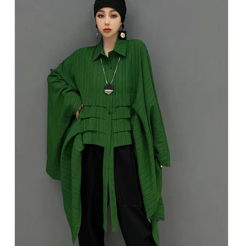 Hot Sale Korean Version Batwing Sleeve Shirt Women Loose Black Green Irregular Blouse 2024 Summer LHX2492