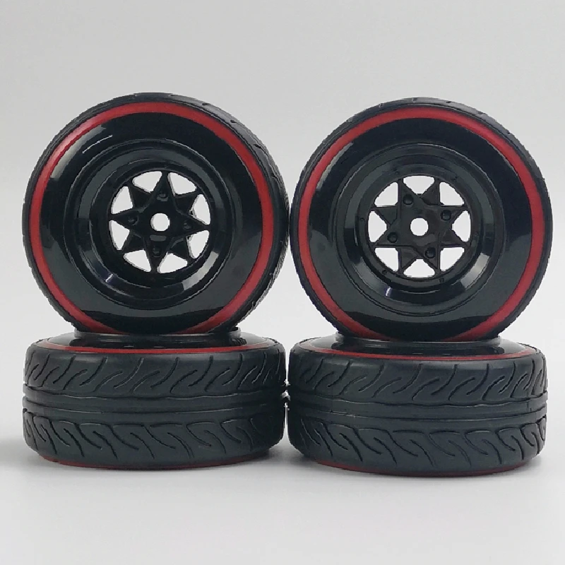 4pcs 9mm Offset 1/10 Scale Plastic Wheels Rims with Hard Plastic Tire with Red Insert RC Car Drift On road Touring Model Hobby