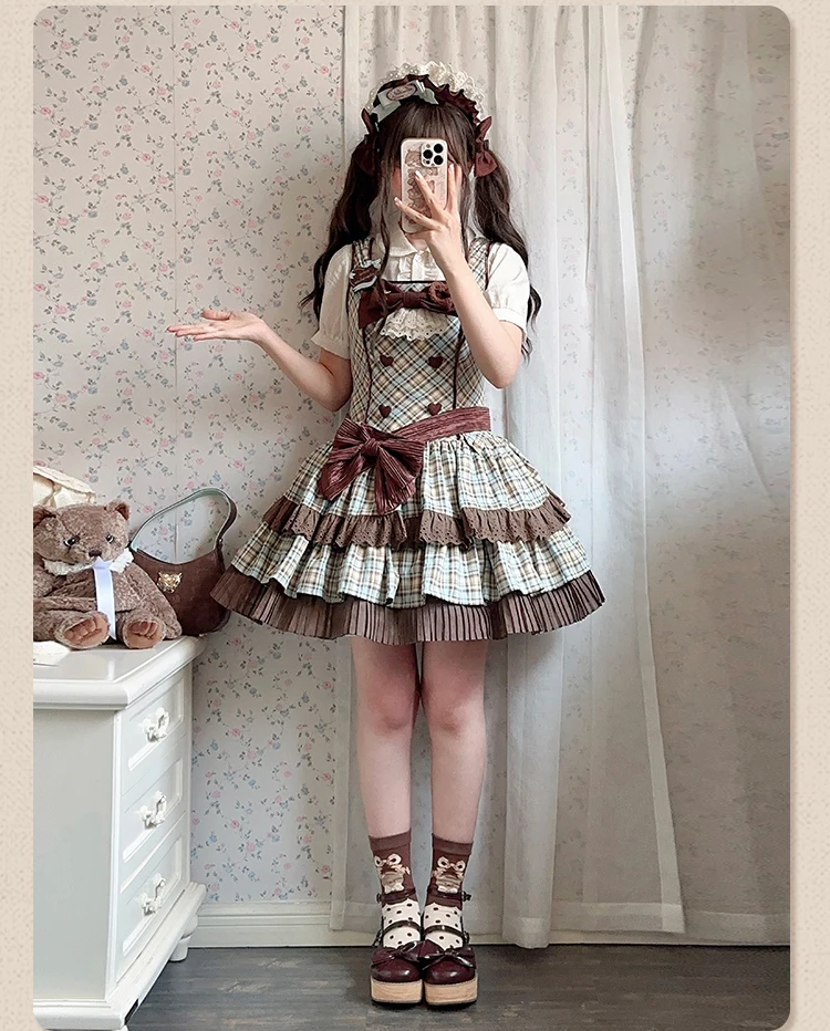 Abito da torta senza maniche al cioccolato menta carino e retrò Serie Lolita Set da due pezzi con mantello maglione autunno e inverno