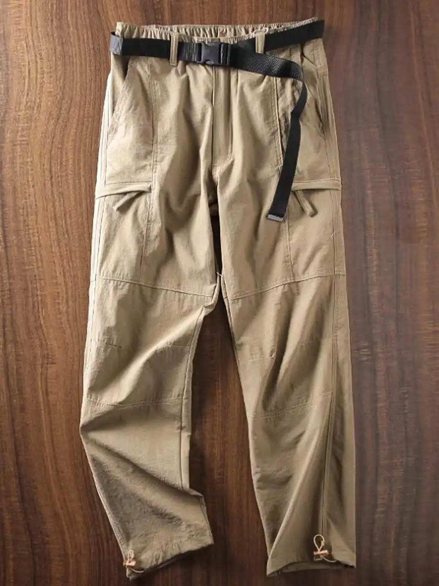 

Mens Khaki Cargo Capri Pants With Drawstring Waist And Belt Loops Summer Casual Trousers