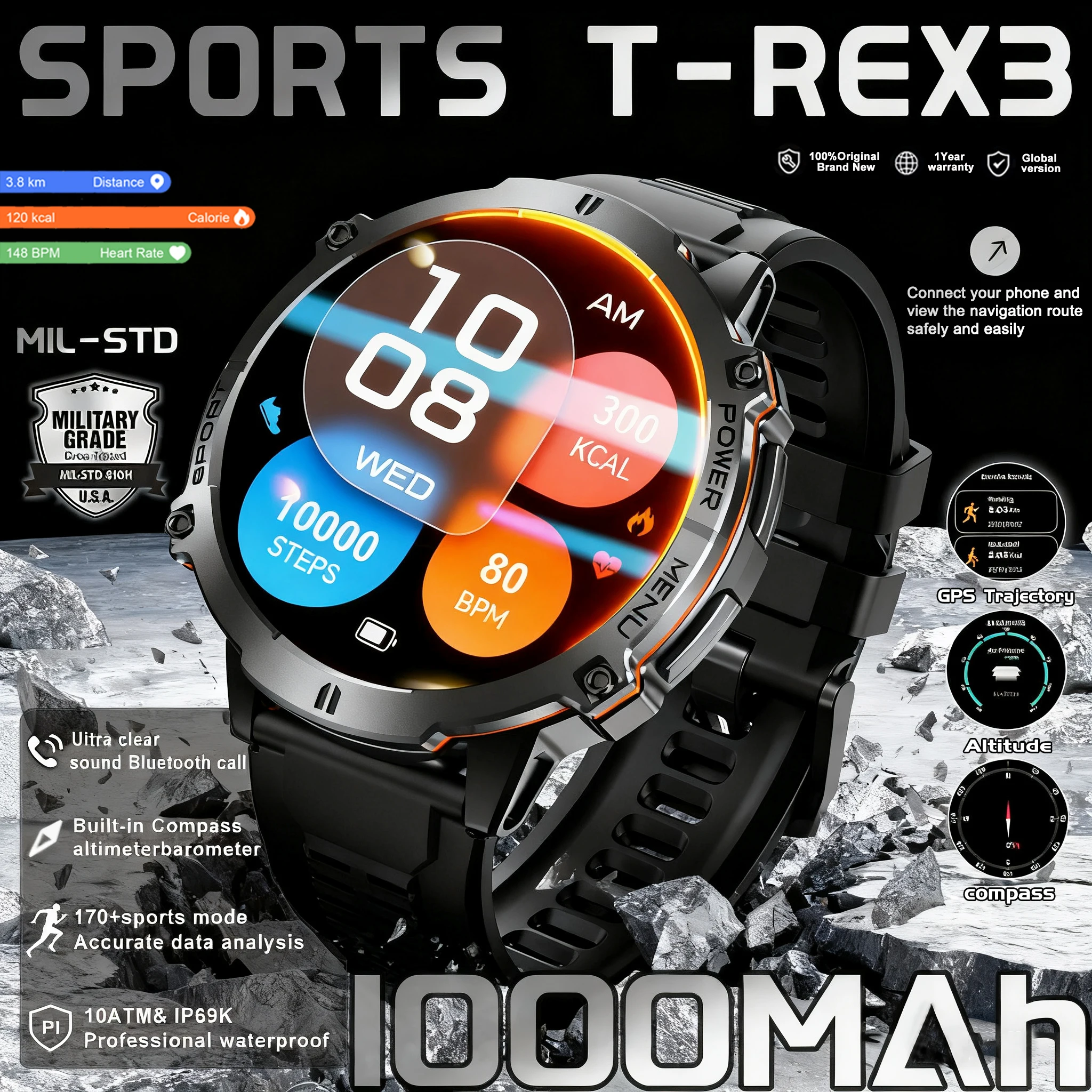 

2025 Новые военные смарт-часы с аккумулятором 1000 мАч HD AMOLED-экран GPS трек 10 АТМ Водонепроницаемый компас BT Call Спортивные умные часы для мужчин