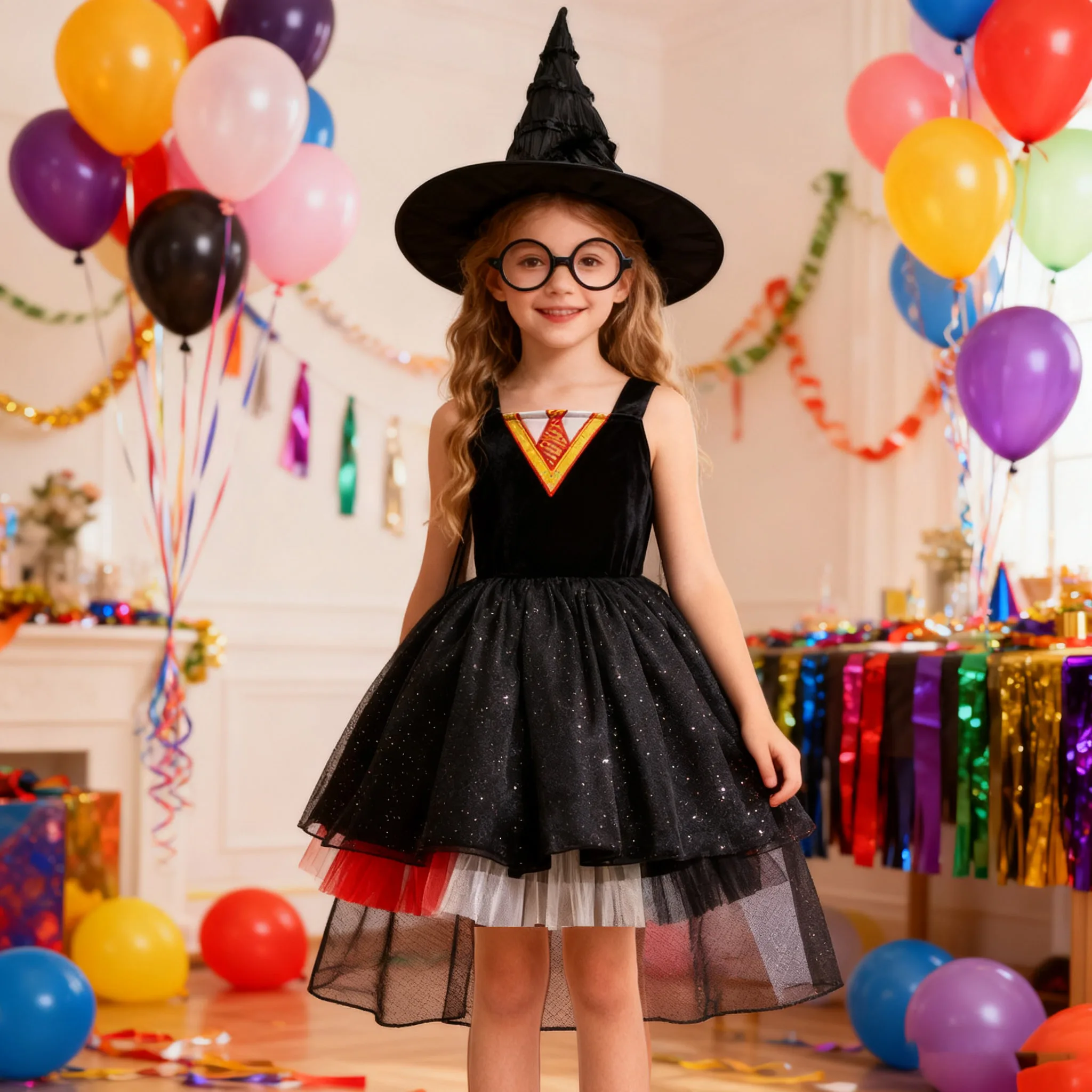 

Girls Black Performance Party Costume Sleeveless Magical Witch Trailing Dress +Hats Glasses 3Pcs for Girls Fancy carnival