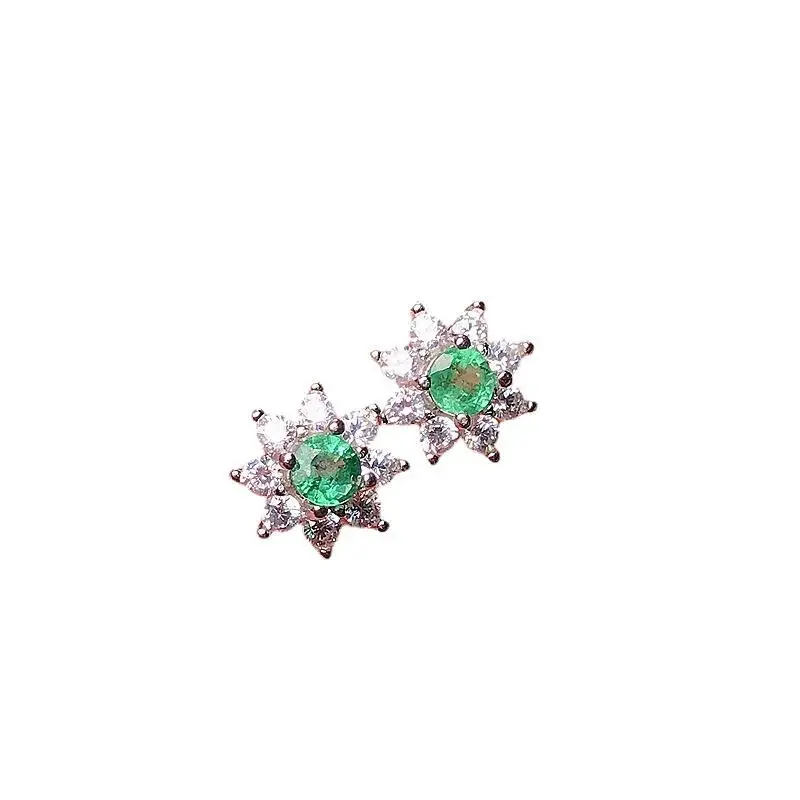 3mm Natural Emerald Flower Stud Earrings for Women 925 Sterling Silver Colombia Emerald Zircon Ear Studs White Gold Plated Gift