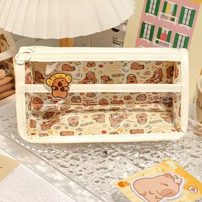 

Большая вместительная сумка для ручек с капибарой, ПВХ, треугольная основа, сумка для канцелярских принадлежностей, водонепроницаемый прозрачный органайзер для канцелярских принадлежностей, подарок ﻿