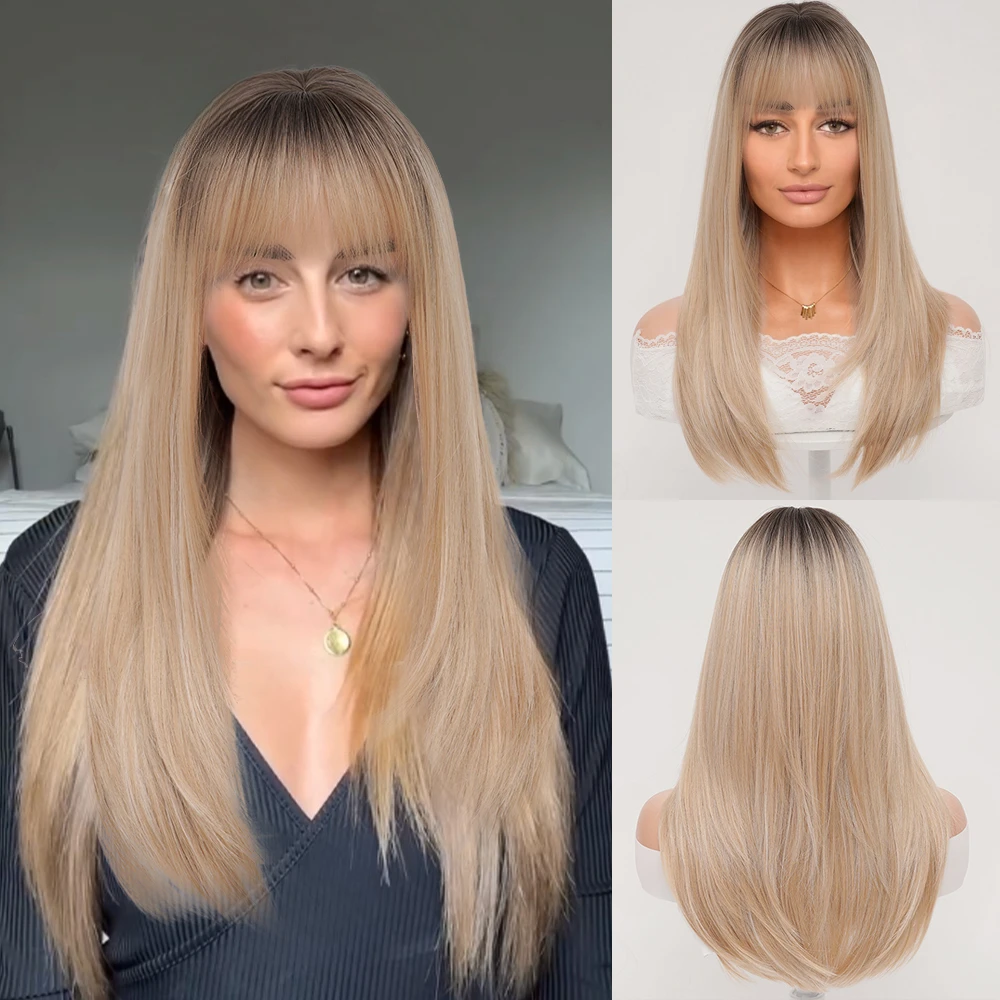 

Gradient Blonde Long Straight Hair Bangs Women's Fashion Natural Synthetic Heat Resistant Hair Replacement Wig for Dail